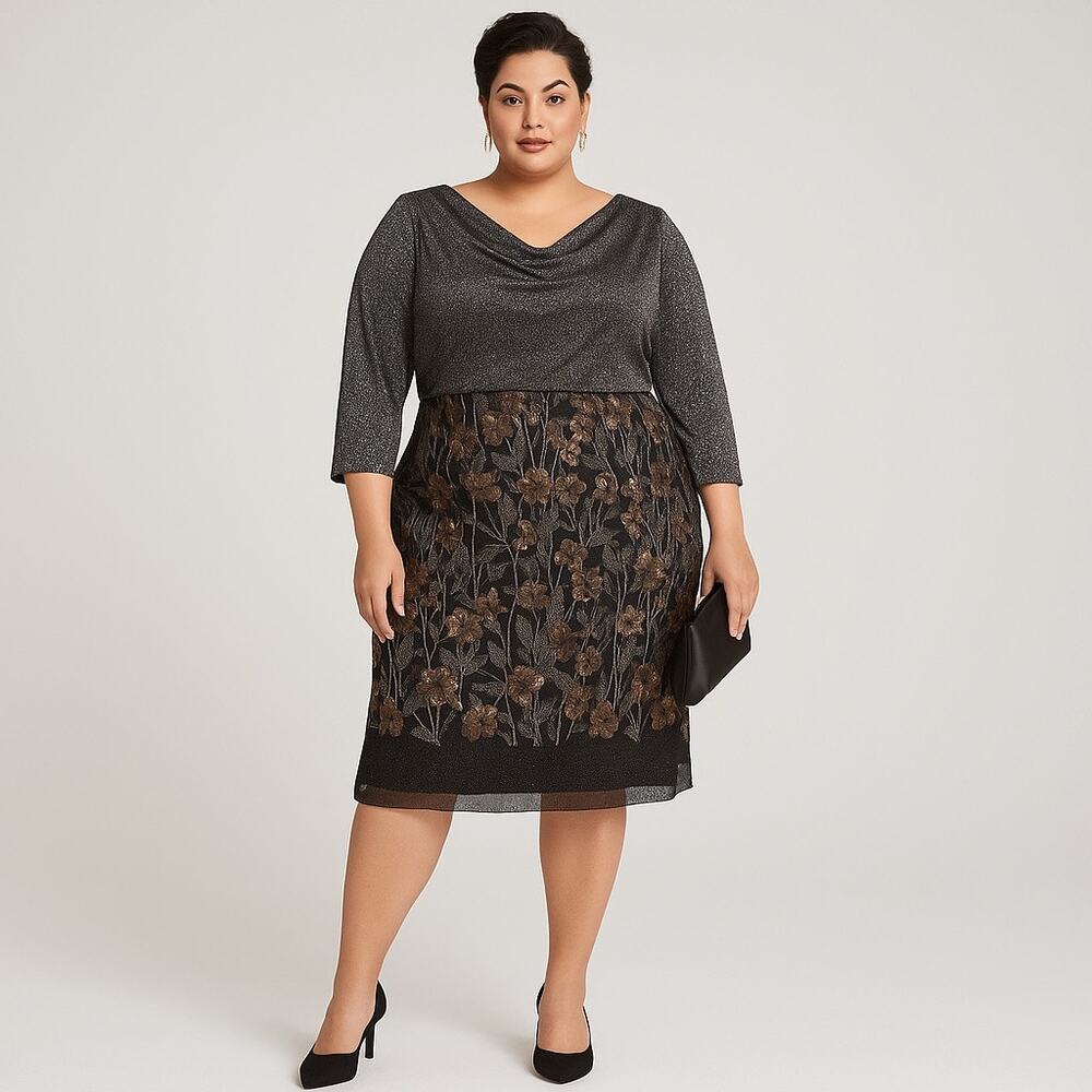 Alex Evenings Black & Bronze Embroidered Sequin‎ Lace Overlay Dress 22W